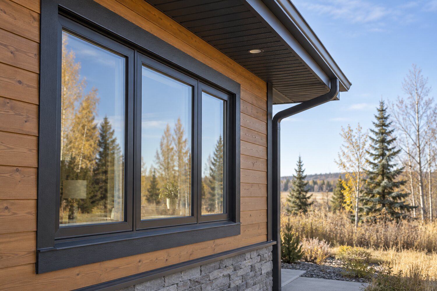 Illustrative close view of windows, siding, soffit and eavestrough on a northern Alberta home