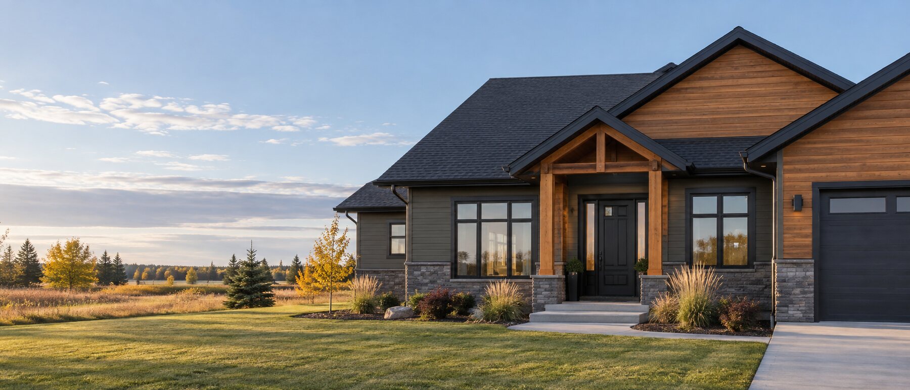 Illustrative modern home exterior in a Peace Country prairie setting